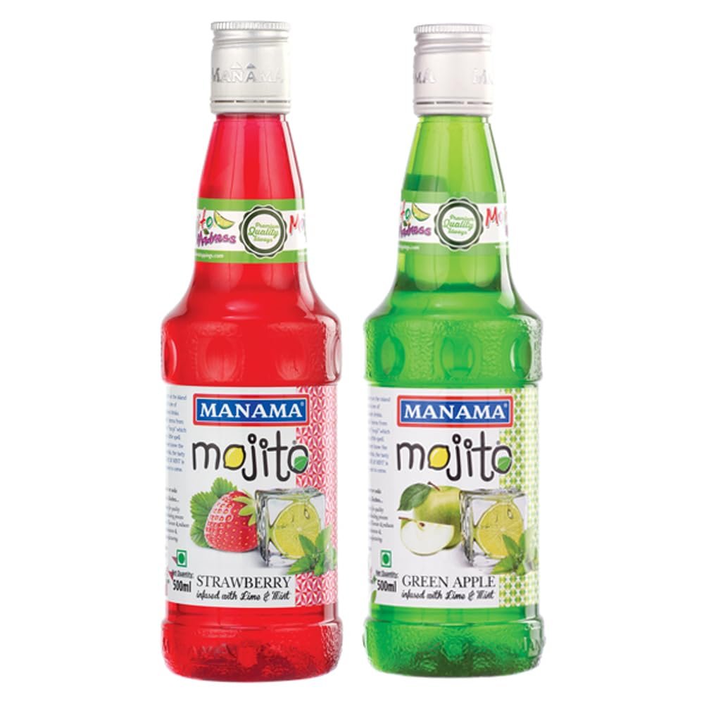 Manama Strawberry Mojito Syrup and Green Apple Mojito Syrup, 500ML Each, Mixer for Mocktails, Cocktails, Drinks, Juices, Beverages, Pack of 2