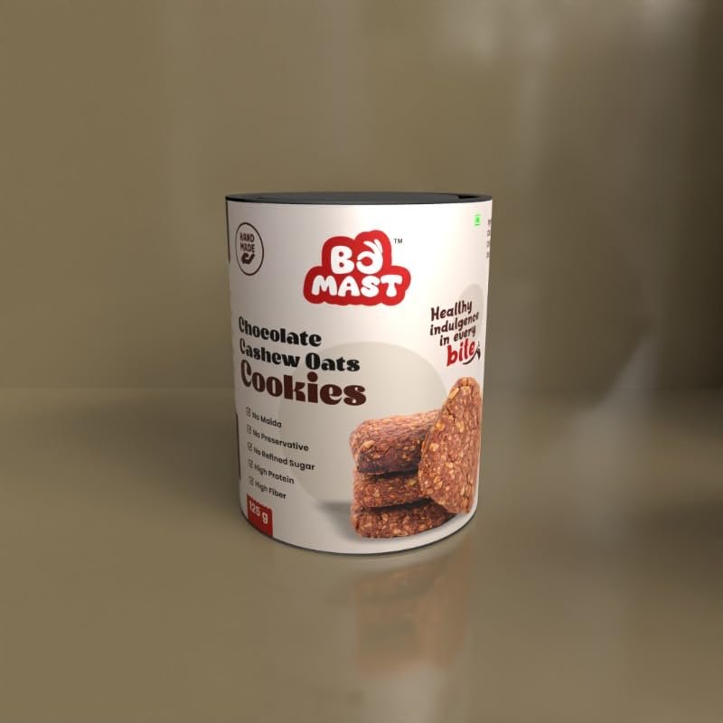 BoMast Chocolate Cashew Oats Cookies | Healthy Sugar-Free Snack | Maida-Free, No Refined Sugar, No Added Preservatives | Ideal for Breakfast and Tea-Time Treat 125g (6 Piece Pack)
