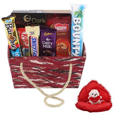 SFU E Com Bounty Chocolate Gift Hamper | Valentine Gift Combo With Heart Teddy Bear | Valentine Chocolate Gift For Boy Friend, Girl Friend, Fiance, Husband, Wife | 798