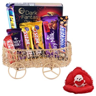 SFU E Com Chcolate Gift Pack With Metal Wire Basket | Valentine Gift Combo With Heart Teddy Bear | Valentine Chocolate Gift For Boy Friend, Girl Friend, Fiance, Husband, Wife | 697