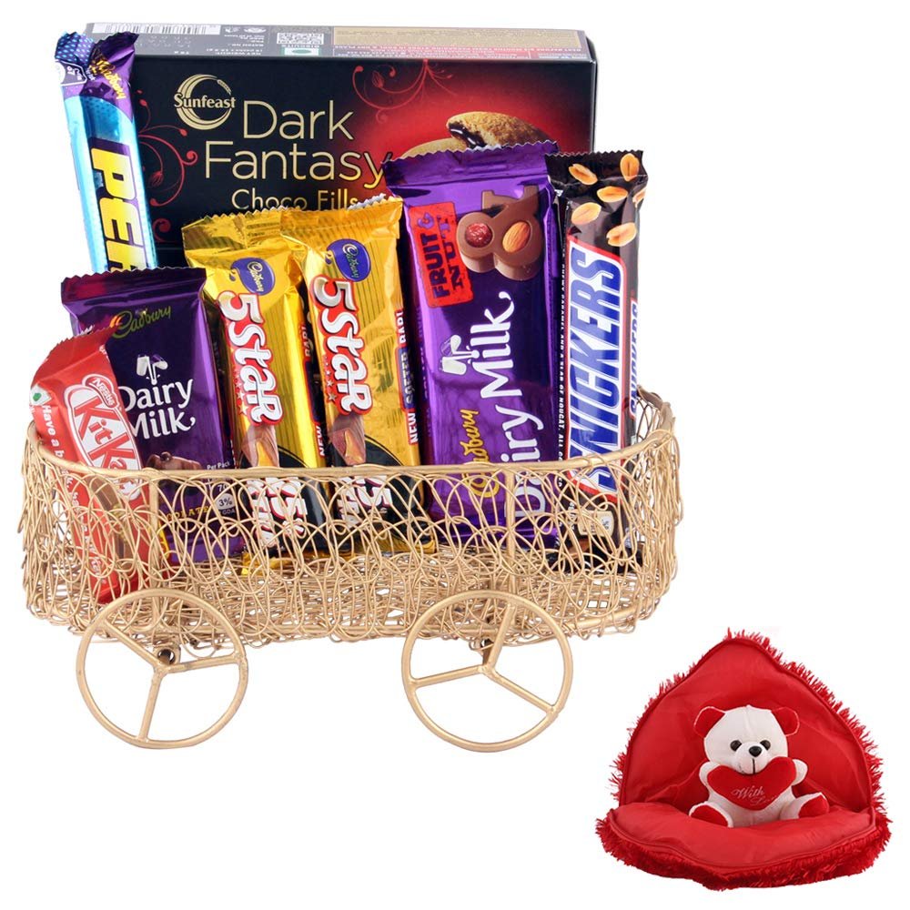 SFU E Com Chcolate Gift Pack With Metal Wire Basket | Valentine Gift Combo With Heart Teddy Bear | Valentine Chocolate Gift For Boy Friend, Girl Friend, Fiance, Husband, Wife | 697