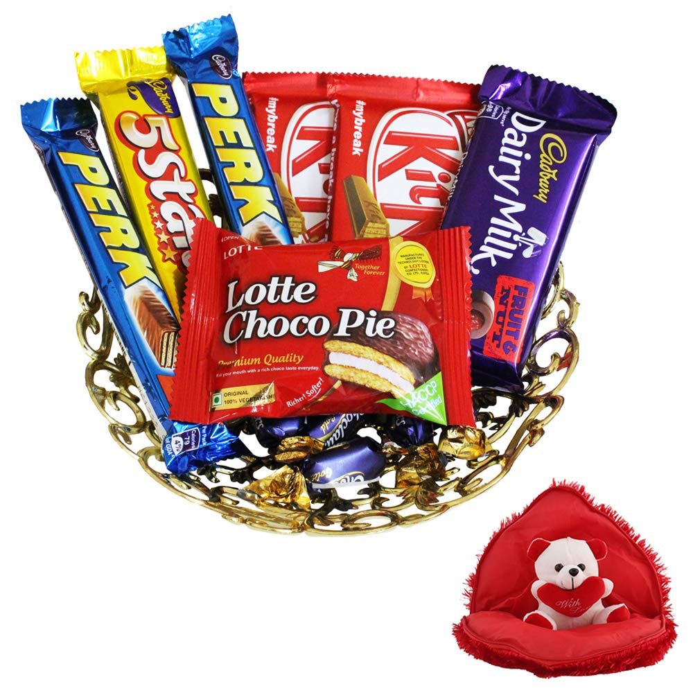 SFU E Com 12 Pieces Sweet Chocolate With Wonderfull Golden Tray | Valentine Gift Combo With Heart Teddy Bear | Valentine Chocolate Gift For Boy Friend, Girl Friend, Fiance, Husband, Wife | 174