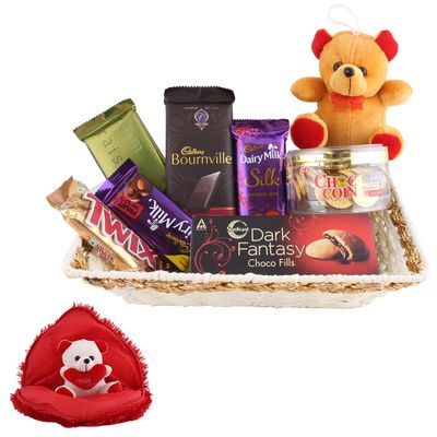 SFU E Com Beautiful Chocolate Gift Hamper With Brown Teddy | Valentine Gift Combo With Heart Teddy Bear | Valentine Chocolate Gift For Boy Friend, Girl Friend, Fiance, Husband, Wife | 540