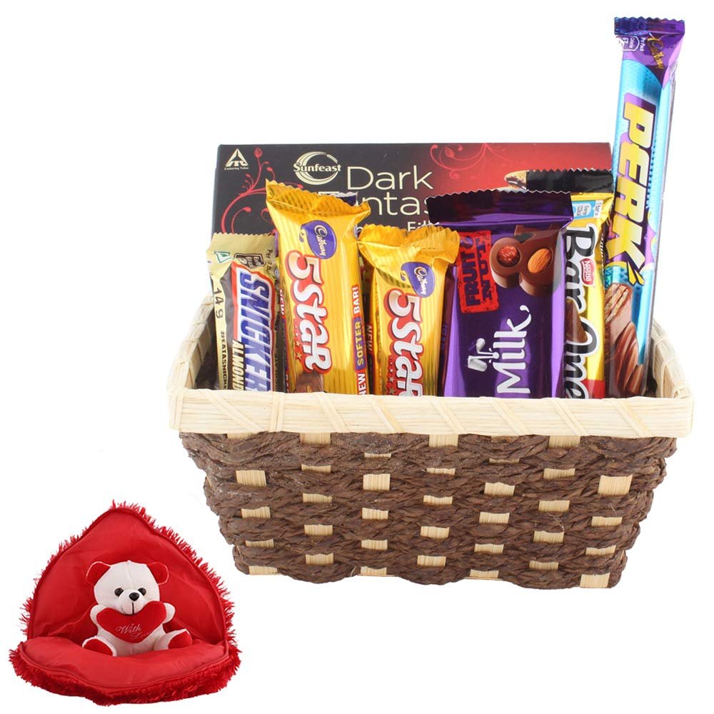 SFU E Com Basket Loaded With Chocolates | Valentine Gift Combo With Heart Teddy Bear | Valentine Chocolate Gift For Boy Friend, Girl Friend, Fiance, Husband, Wife | 461