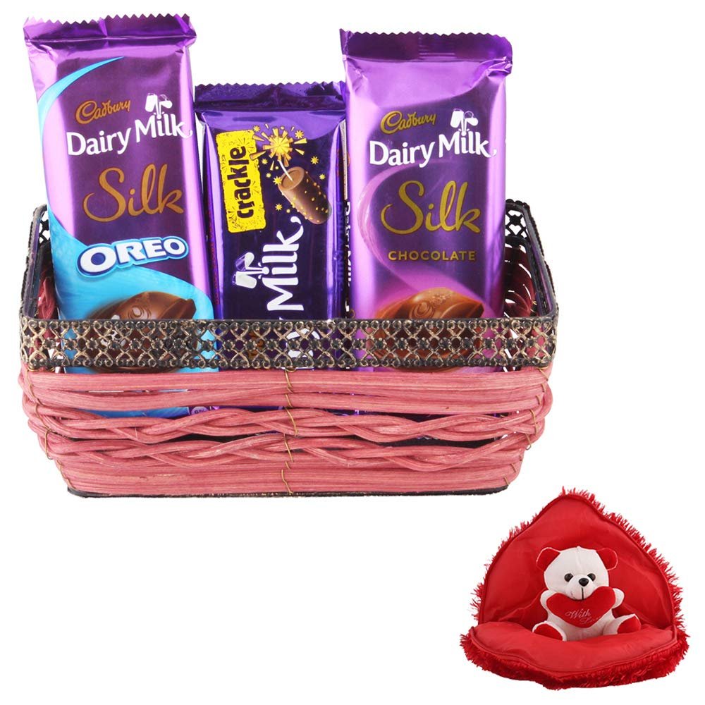 SFU E Com Cadbury Crackle & Silk Chocolate Gift Pack | Valentine Gift Combo With Heart Teddy Bear | Valentine Chocolate Gift For Boy Friend, Girl Friend, Fiance, Husband, Wife | 772