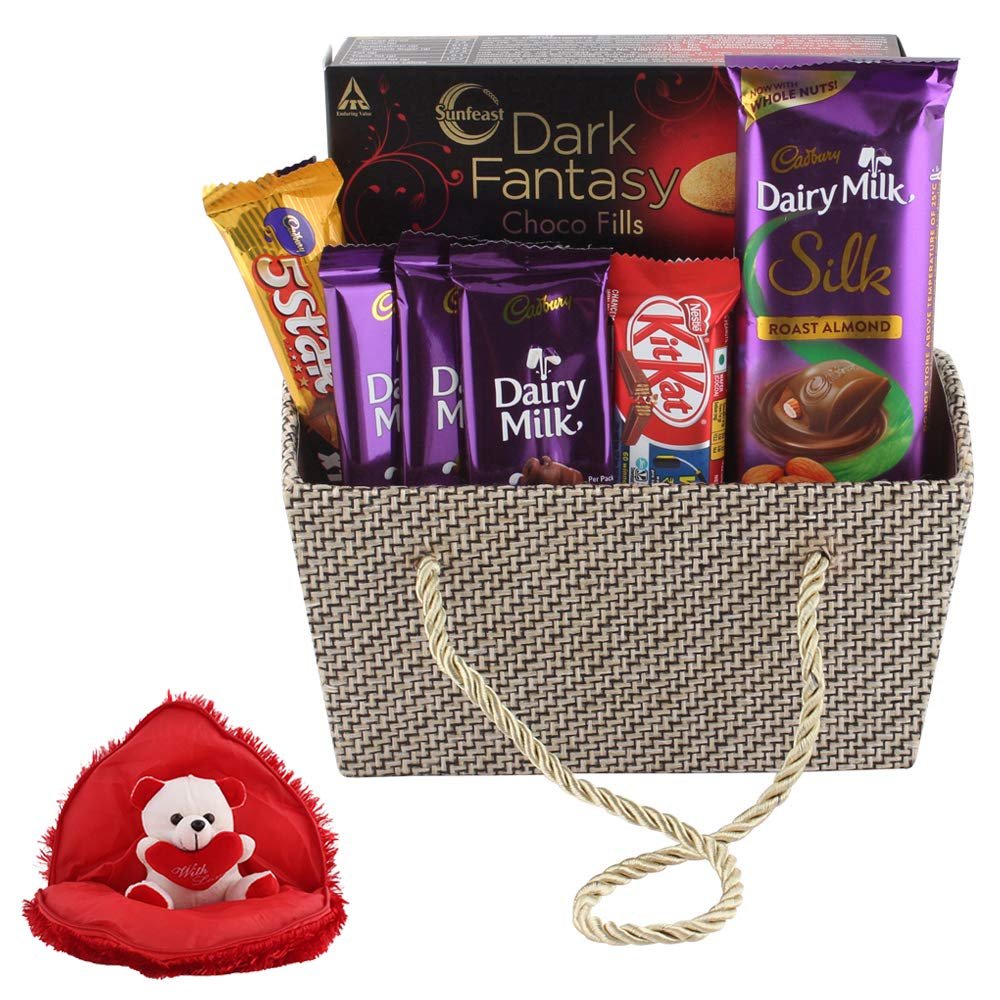 SFU E Com Chocolates & Dark Fantasy Gift Basket Combo | Valentine Gift Combo With Heart Teddy Bear | Valentine Chocolate Gift For Boy Friend, Girl Friend, Fiance, Husband, Wife | 837