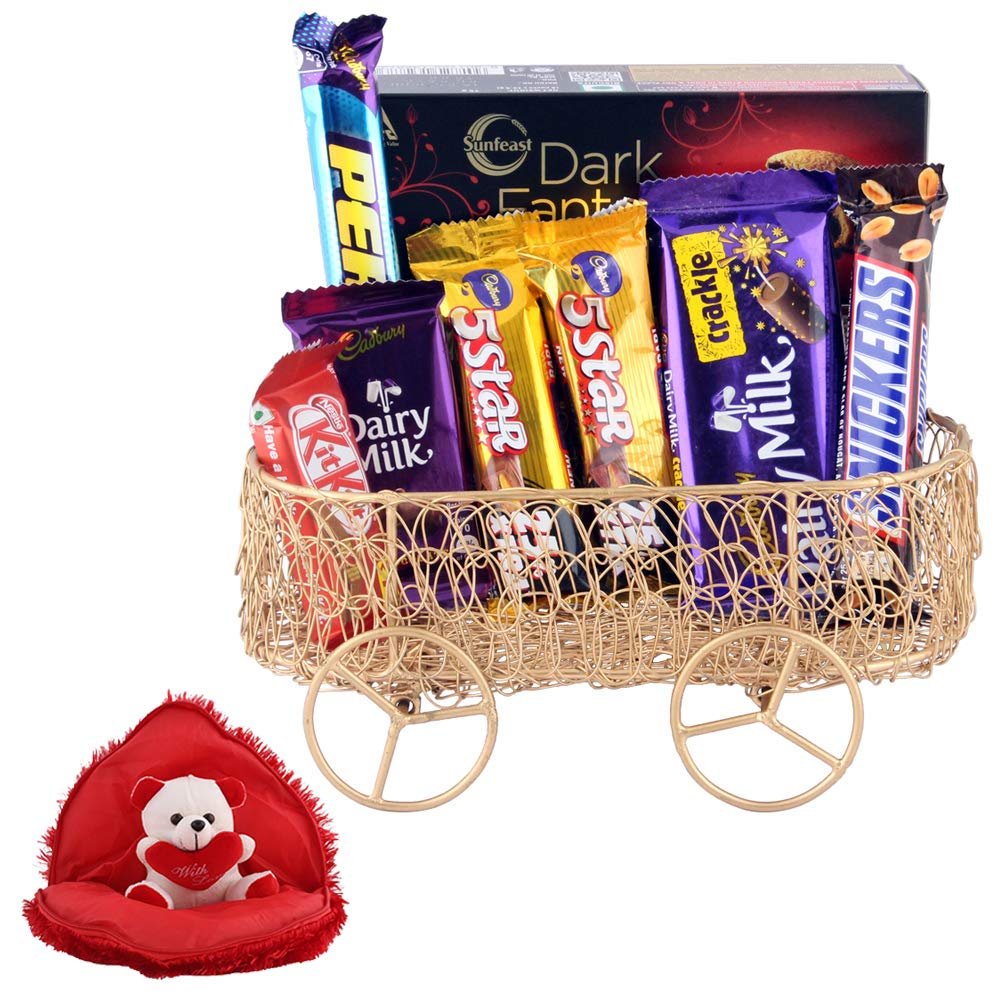 SFU E Com Premium Chocolate Gift Pack With Buggy Basket | Valentine Gift Combo With Heart Teddy Bear | Valentine Chocolate Gift For Boy Friend, Girl Friend, Fiance, Husband, Wife | 694