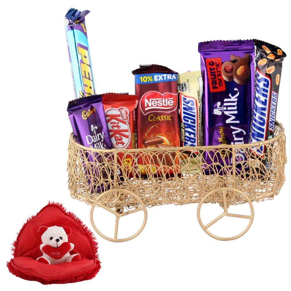 SFU E Com Handmade Wheel Basket With Chocolates | Valentine Gift Combo With Heart Teddy Bear | Valentine Chocolate Gift For Boy Friend, Girl Friend, Fiance, Husband, Wife | 710