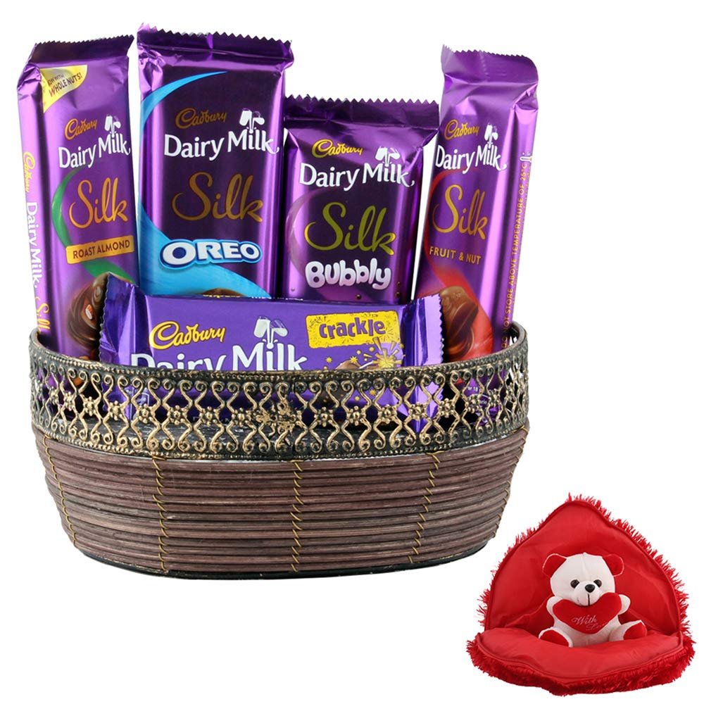 SFU E Com Combo Of Silk Chocolates & Metal Basket | Valentine Gift Combo With Heart Teddy Bear | Valentine Chocolate Gift For Boy Friend, Girl Friend, Fiance, Husband, Wife | 766