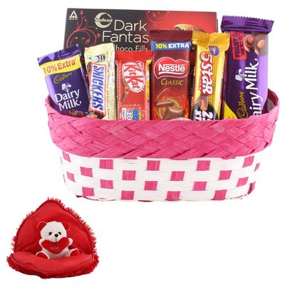 SFU E Com Beautiful Chocolate Gift Hamper With Basket | Valentine Gift Combo With Heart Teddy Bear | Valentine Chocolate Gift For Boy Friend, Girl Friend, Fiance, Husband, Wife | 471