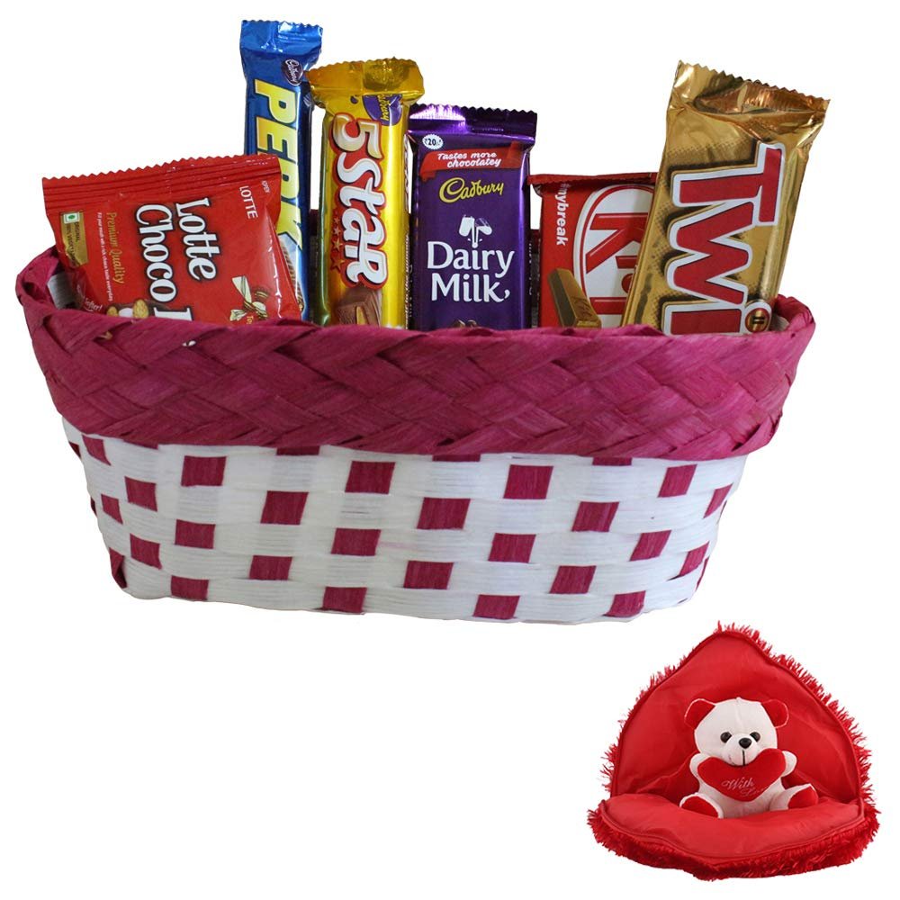 SFU E Com Attractive Chocolate Basket Hamper | Valentine Gift Combo With Heart Teddy Bear | Valentine Chocolate Gift For Boy Friend, Girl Friend, Fiance, Husband, Wife | 157