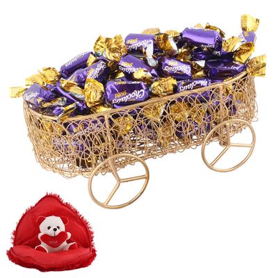 SFU E Com Handcrafted Wheel Basket With Loaded Choclairs | Valentine Gift Combo With Heart Teddy Bear | Valentine Chocolate Gift For Boy Friend, Girl Friend, Fiance, Husband, Wife | 650