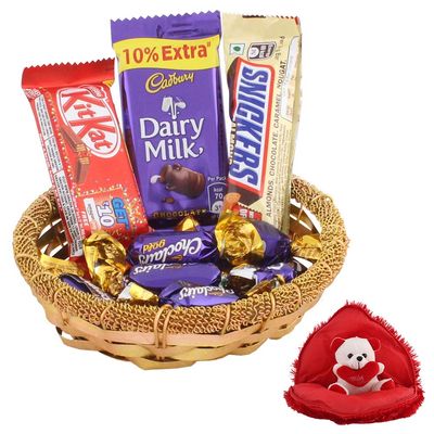 SFU E Com Handmade Metal Basket With Chocolates | Valentine Gift Combo With Heart Teddy Bear | Valentine Chocolate Gift For Boy Friend, Girl Friend, Fiance, Husband, Wife | 674