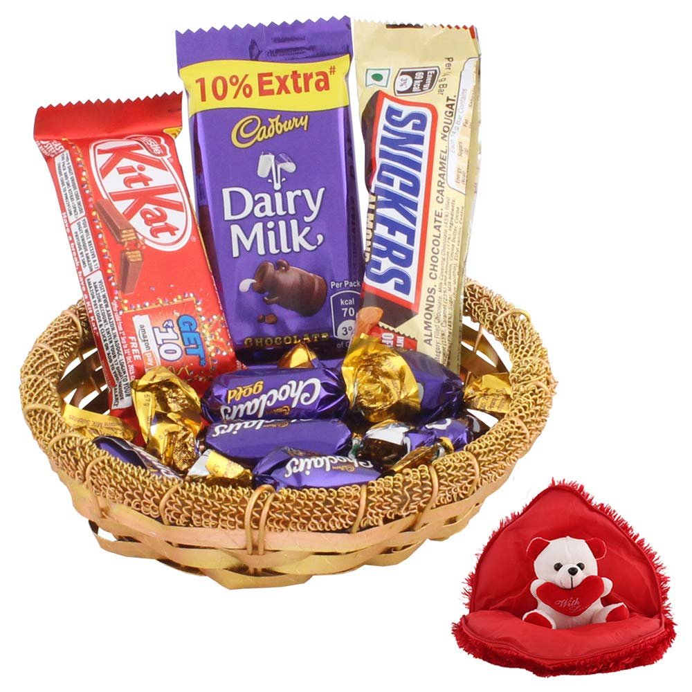 SFU E Com Handmade Metal Basket With Chocolates | Valentine Gift Combo With Heart Teddy Bear | Valentine Chocolate Gift For Boy Friend, Girl Friend, Fiance, Husband, Wife | 674