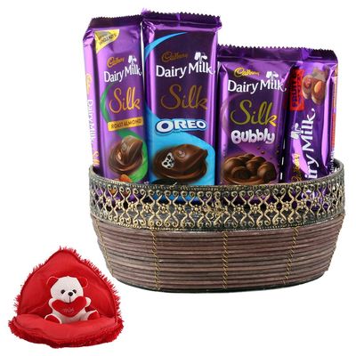 SFU E Com Almond & Fruit N Nut Chocolates With Basket | Valentine Gift Combo With Heart Teddy Bear | Valentine Chocolate Gift For Boy Friend, Girl Friend, Fiance, Husband, Wife | 763