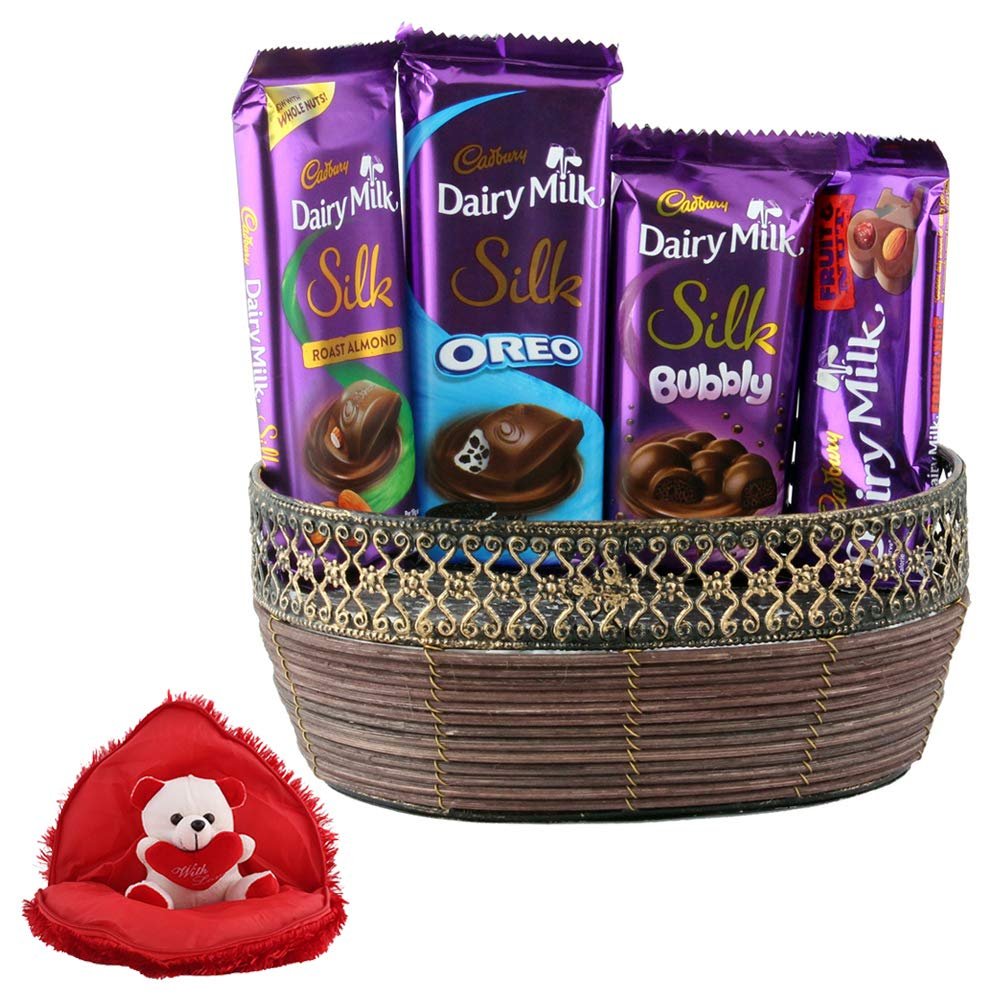 SFU E Com Almond & Fruit N Nut Chocolates With Basket | Valentine Gift Combo With Heart Teddy Bear | Valentine Chocolate Gift For Boy Friend, Girl Friend, Fiance, Husband, Wife | 763