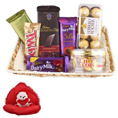 SFU E Com Beautiful Chocolate Combo With Wooden Basket Hamper | Valentine Gift Combo With Heart Teddy Bear | Valentine Chocolate Gift For Boy Friend, Girl Friend, Fiance, Husband, Wife | 536