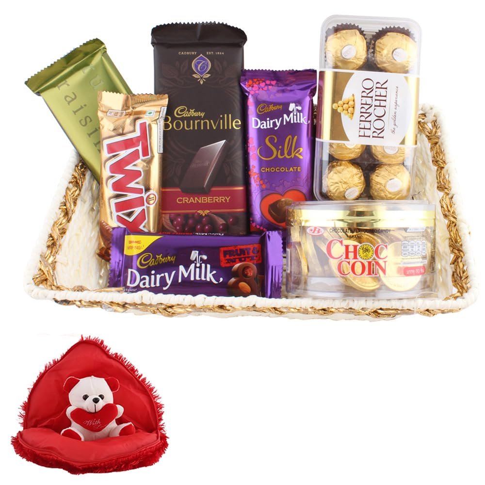 SFU E Com Beautiful Chocolate Combo With Wooden Basket Hamper | Valentine Gift Combo With Heart Teddy Bear | Valentine Chocolate Gift For Boy Friend, Girl Friend, Fiance, Husband, Wife | 536
