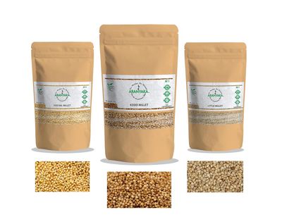 Aranyaka Millets Grain 1Kg Unpolished BOILED Combo Pack of 3 [Little, Foxtail and Kodo Millet]| BOILED,Natural Farm Produce,Gluten Free,High Protein&Fibre Rich| Low GI-Diabetic Friendly(3 Kg Total)