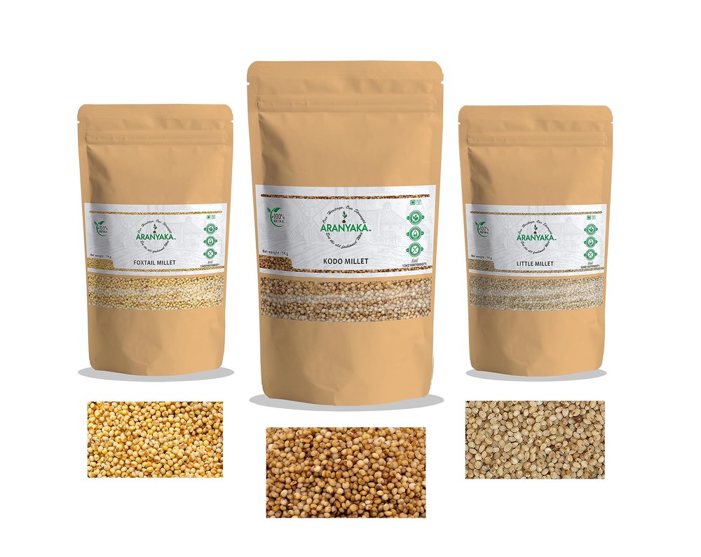 Aranyaka Millets Grain 1Kg Unpolished BOILED Combo Pack of 3 [Little, Foxtail and Kodo Millet]| BOILED,Natural Farm Produce,Gluten Free,High Protein&Fibre Rich| Low GI-Diabetic Friendly(3 Kg Total)