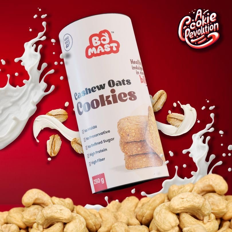BoMast Cashew Oats Cookies | Healthy Sugar-Free Snack | Maida-Free, No Refined Sugar, No Added Preservatives | Ideal for Breakfast and Tea-Time Treat 250g (12 Piece Pack)