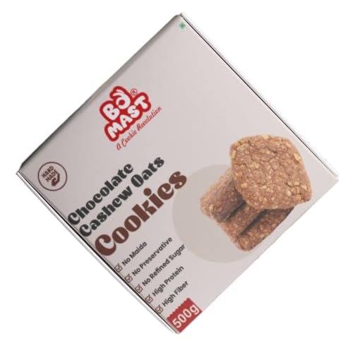 BoMast Chocolate Cashew Oats Cookies | Healthy Sugar-Free Snack | Maida-Free, No Refined Sugar, No Added Preservatives | Ideal for Breakfast and Tea-Time Treat 500g (24 Piece Pack)