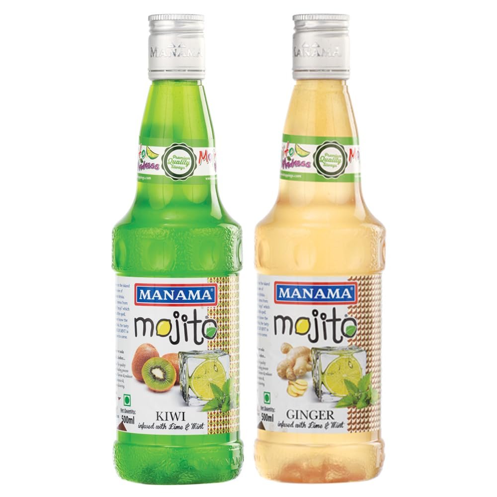 Manama Kiwi Mojito Syrup and Ginger Mojito Syrup, 500ML Each, Mixer for Mocktails, Cocktails, Drinks, Juices, Beverages, Pack of 2