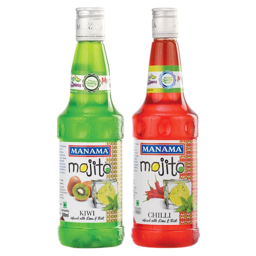 Manama Kiwi Mojito Syrup and Chilli Mojito Syrup, 500ML Each, Mixer for Mocktails, Cocktails, Drinks, Juices, Beverages, Pack of 2