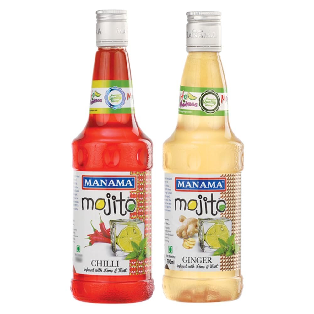 Manama Chilli Mojito Syrup and Ginger Mojito Syrup, 500ML Each, Mixer for Mocktails, Cocktails, Drinks, Juices, Beverages, Pack of 2