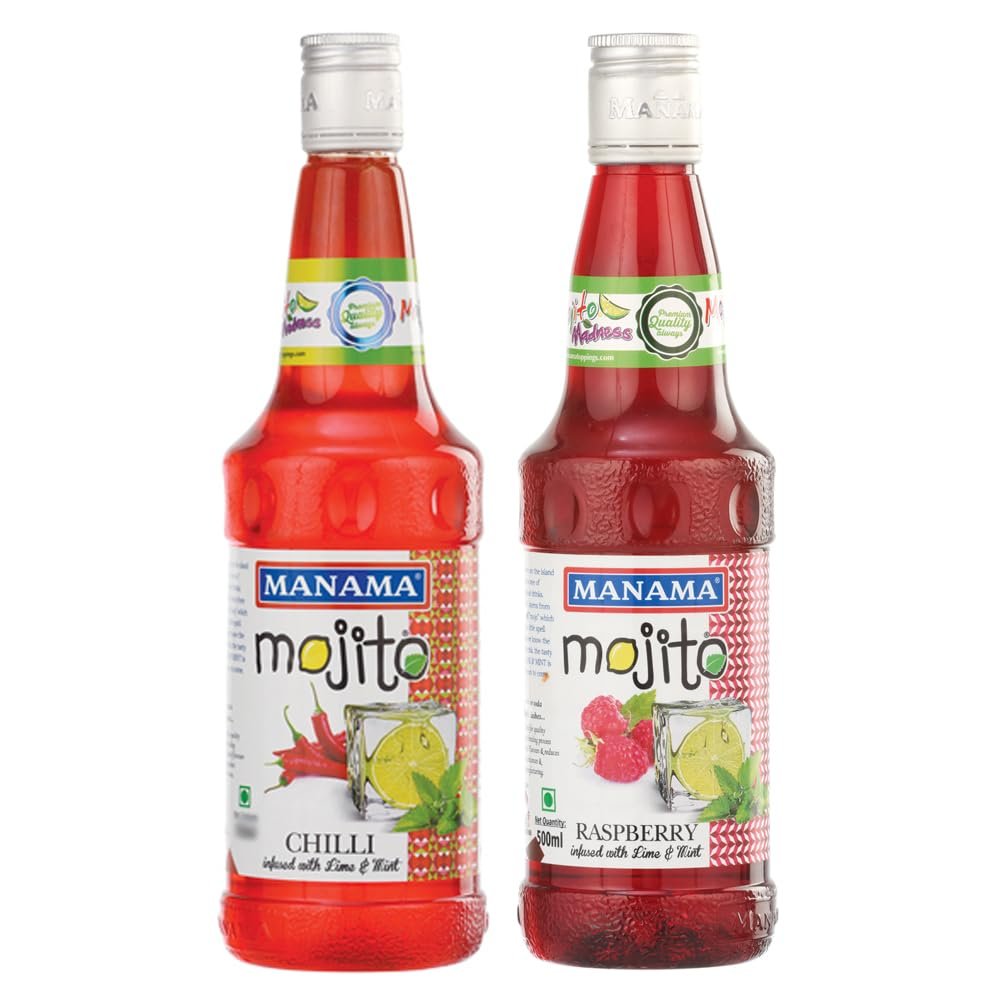 Manama Chilli Mojito Syrup and Raspberry Mojito Syrup, 500ML Each, Mixer for Mocktails, Cocktails, Drinks, Juices, Beverages, Pack of 2