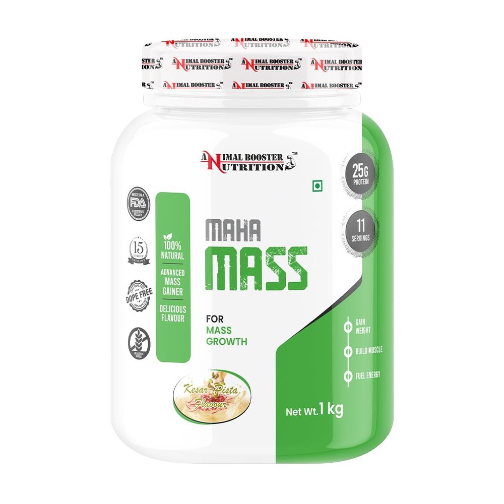 Animal Booster Nutrition Maha Mass Gainer, 25 Grams of Protein in 90gm of Serving Helps in Gain Weight, Build Muscle & Fuel Energy - Kesar Pista Flavor (11Servings/1KG)