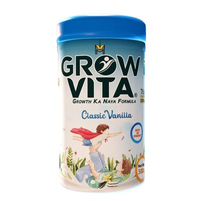 GrowVita Growth Ka Naya Formula Nutritious Vanilla Malt Milk Drink with Malted Barley, Milk & Cocoa Enriched with Essential Vitamins & Minerals for Kids & Adults (500g)