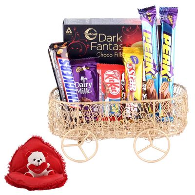 SFU E Com Premium Handcrafted Metal Cart With Chocolates | Valentine Gift Combo With Heart Teddy Bear | 584