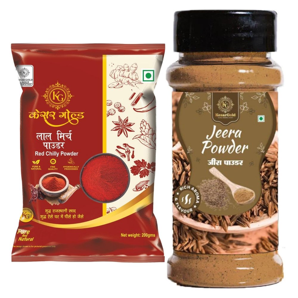 KESAR GOLD Rich Aroma Flavour Lal Mirch Powder and Jeera Powder | 200 G and 100 G
