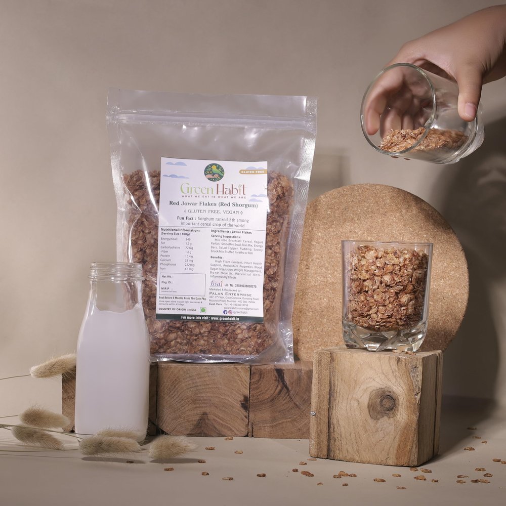 GreenHabit Millet Flakes - Nutritious and Gluten-Free Sorghum Cereal - High Fiber Breakfast Vegan (Red Jowar Flakes, 500 gm)