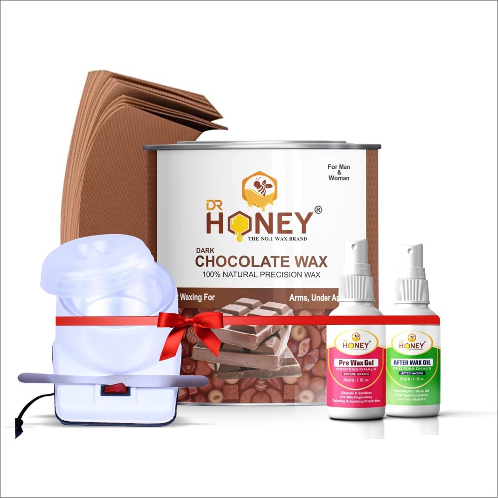 Dr honey hair removal DARK CHOCOLATE wax strips, knife, heater (after oil 30ml pre gel 30ml) Soothing and Nourishing 592gm