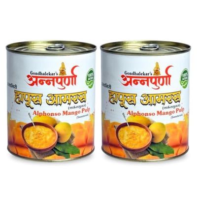 Gondhalekar's Pure Alphonso Mango Pulp (Pack of 2-850 gms Each) | Natural & Authentic Ratnagiri Alphonso Mangoes | Rich Aamras for Desserts, Shakes & Sweets | No Preservatives