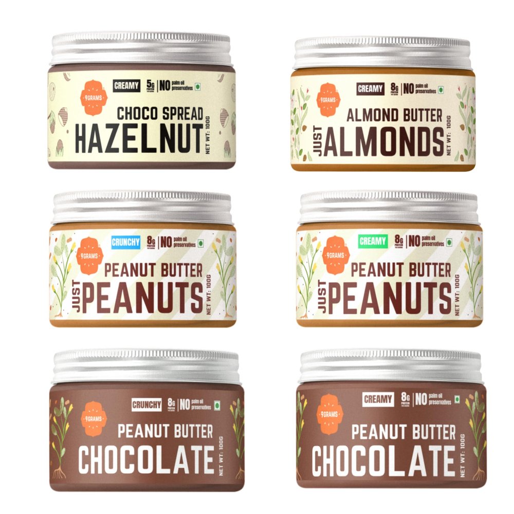 9GRAMS 6x100g Nut Butter Trial pack | Peanut, Almond and Hazelnut butter combo | No Palm Oil & No Preservatives | Crunchy & Smooth | Gluten free & 100% natural (6 Nut Butter Combo)