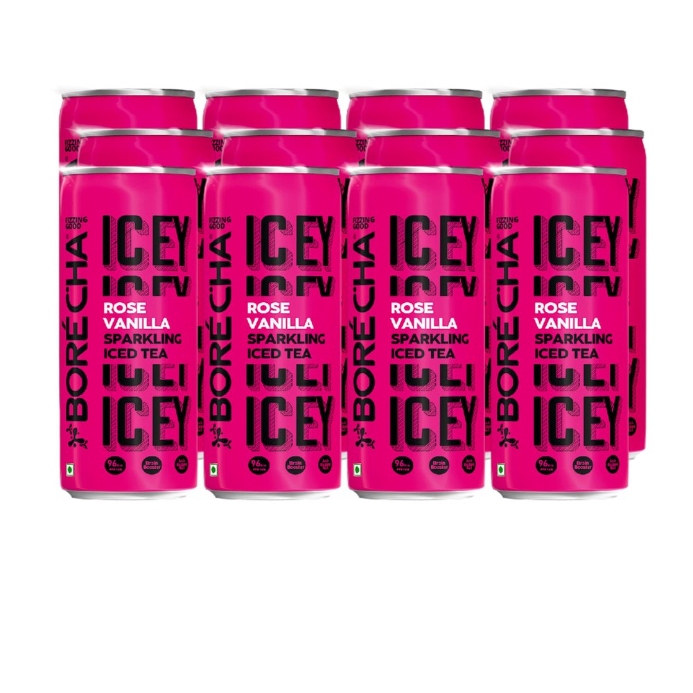 Borcha Sparkling Iced Tea 330ml | Brain-Boosting & Antioxidant-Rich | Cold Brewed | F.A.B. Focus Adaptogens | Low Sugar | Gluten-Free | Natural Functional Beverage (Rose Vanilla, Pack Of 12)
