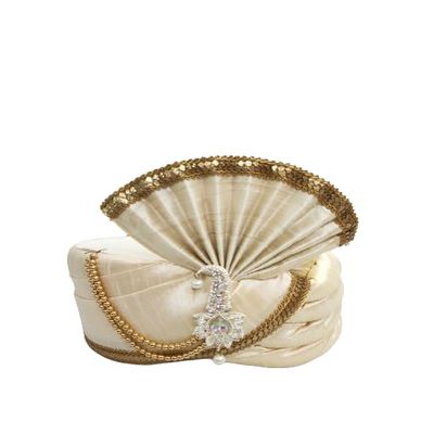 PRIYAKANT SAFAWALA Men's Traditional Wedding Collection Dupion Handcrafted Safa (Pheta/Pagdi/Turban) for Wedding and Engagement Use It (Off White, Free Size, Adjustable Velcro System)