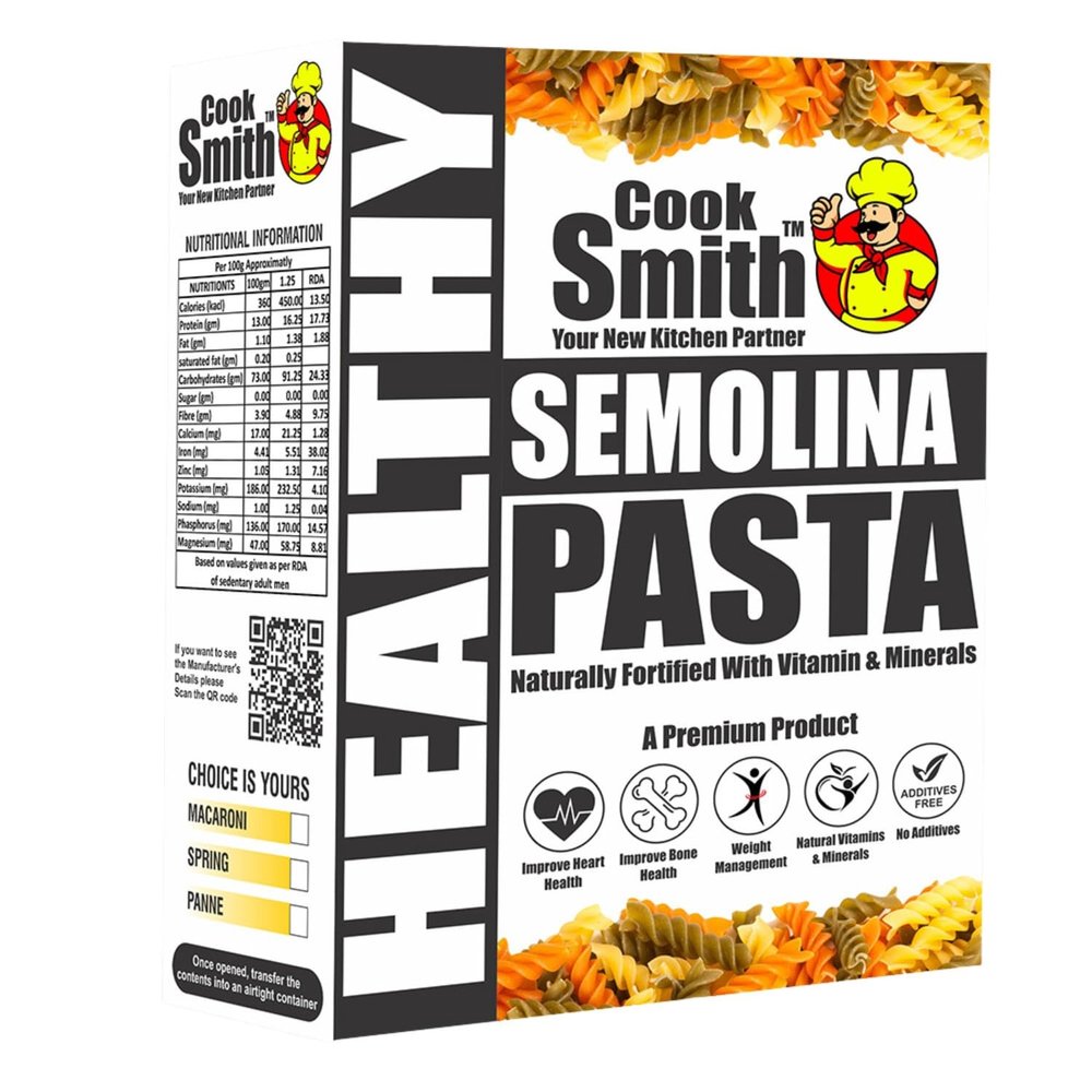 CookSmith Healthy Semolina Penne Pasta| No Maida, No Fried, No MSG, No Preservatives | Sun Dried |Naturle Colours | Rava Pasta | CookSmith Pasta Pack 250gm (Pack of 1)