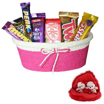SFU E Com 7 Pieces Chocolate Hamper With Lovely Tie Basket | Valentine Gift Combo With Pair Heart Teddy Bear | Valentine Chocolate Gift For Boy Friend, Girl Friend, Fiance, Husband, Wife | 127