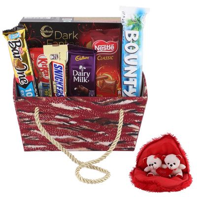 SFU E Com Bounty Chocolate Gift Hamper | Valentine Gift Combo With Pair Heart Teddy Bear | Valentine Chocolate Gift For Boy Friend, Girl Friend, Fiance, Husband, Wife | 798