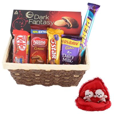 SFU E Com Dartk Fantasy & Premium Chocolate With Wodden Basket | Valentine Gift Combo With Pair Heart Teddy Bear | Valentine Chocolate Gift For Boy Friend, Girl Friend, Fiance, Husband, Wife | 451