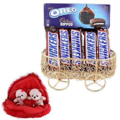 SFU E Com Premium Choco Gift Hamper With Golden Metal Cart | Valentine Gift Combo With Pair Heart Teddy Bear | Valentine Chocolate Gift For Boy Friend, Girl Friend, Fiance, Husband, Wife | 931