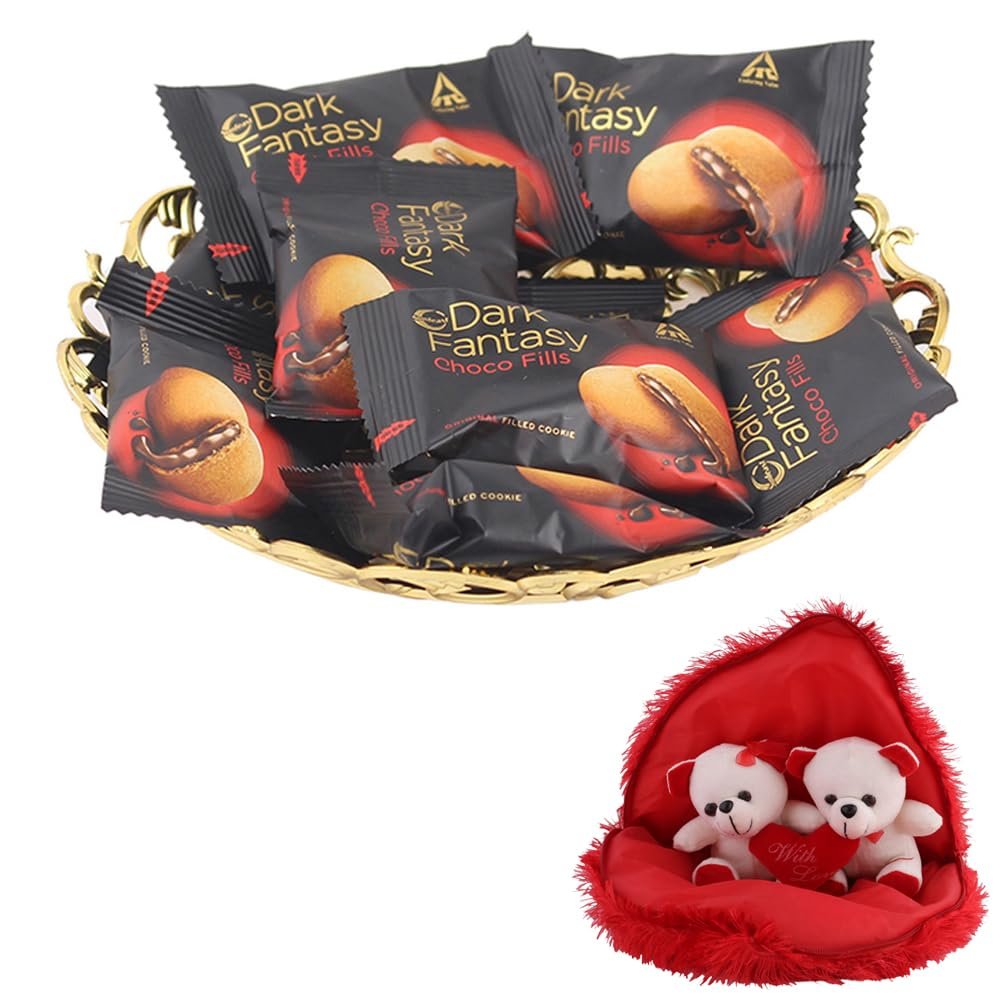 SFU E Com Dark Fantasy Choco Filled Coockie With Tray | Valentine Gift Combo With Pair Heart Teddy Bear | Valentine Chocolate Gift For Boy Friend, Girl Friend, Fiance, Husband, Wife | 1108