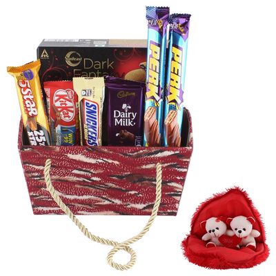 SFU E Com Premium Handle Basket With Chocolates & Dark Fantasy | Valentine Gift Combo With Pair Heart Teddy Bear | 788