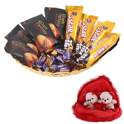 SFU E Com Cadbury 5Star And Dark Fantasy Chocolate Gift Hamper | Valentine Gift Combo With Pair Heart Teddy Bear | Valentine Chocolate Gift For Boy Friend, Girl Friend, Fiance, Husband, Wife | 1094