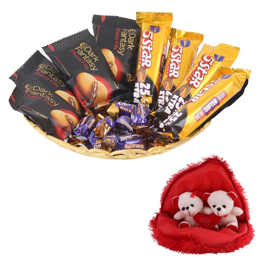SFU E Com Cadbury 5Star And Dark Fantasy Chocolate Gift Hamper | Valentine Gift Combo With Pair Heart Teddy Bear | Valentine Chocolate Gift For Boy Friend, Girl Friend, Fiance, Husband, Wife | 1094