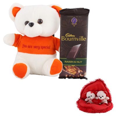 SFU E Com Bournville Chocolate With Cute Teddy | Valentine Gift Combo With Pair Heart Teddy Bear | Valentine Chocolate Gift For Boy Friend, Girl Friend, Fiance, Husband, Wife | 349
